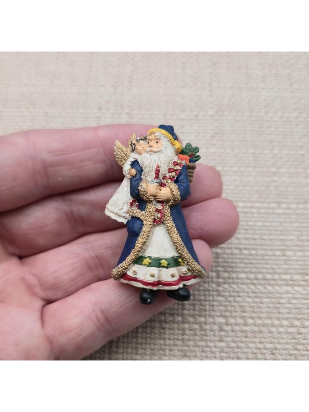 Vintage Blue Coat Santa Claus with Angel Candle Christmas Brooch Pin A8874